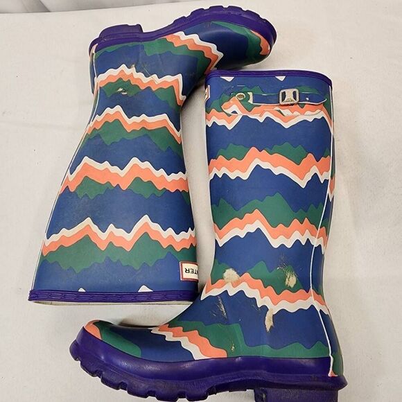 Hunter Kids First Storm Stripe Electric Rain Boots Size 4B/5G Green Blue Boys Gi - Picture 7 of 14